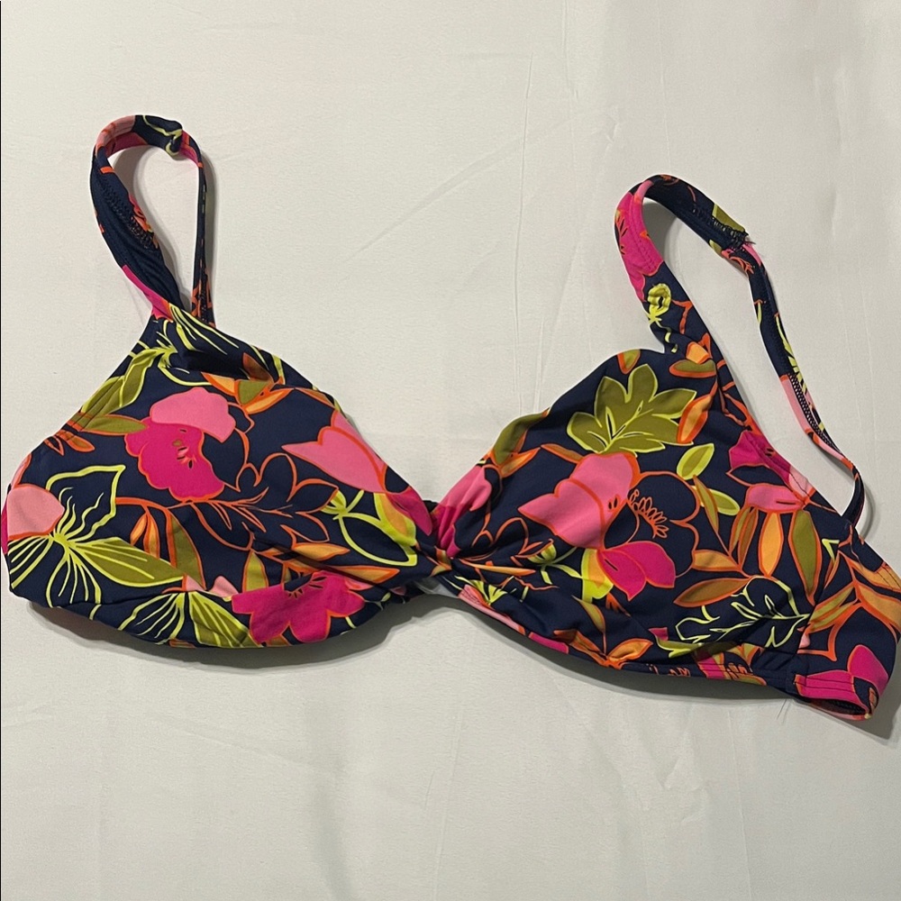 Lands' End Navy Floral Bikini Top with Hot Pink and Lime